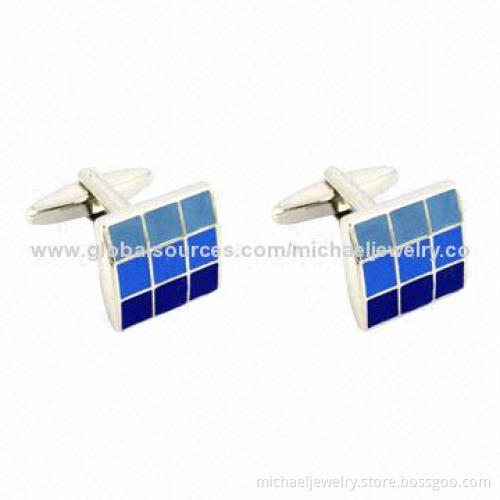 Brass Cufflinks with Series of Blue Enamel and White Steel Plated, Nickel-free